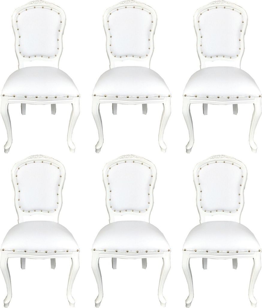 Casa Padrino Luxus Barock Esszimmer Set Weiß / Weiß 55 x 54 x H. 103 cm - 6 handgefertigte Esszimmerstühle mit Kunstleder - Barock Esszimmermöbel