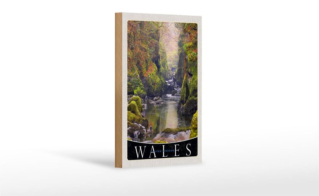 Holzschild Reise 12x18 cm Wales England Natur Fluss Wald Urlaub