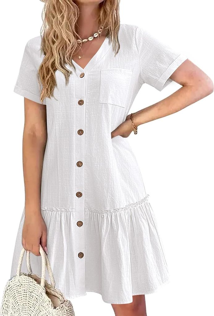 ASKSA Damen Sommerkleid Button Down Leinenkleid Strandkleid Casual V-Ausschnitt Minikleid Kurzarm A-Linie Kleid Rueschenumschlag Kleider (Weiss,L)