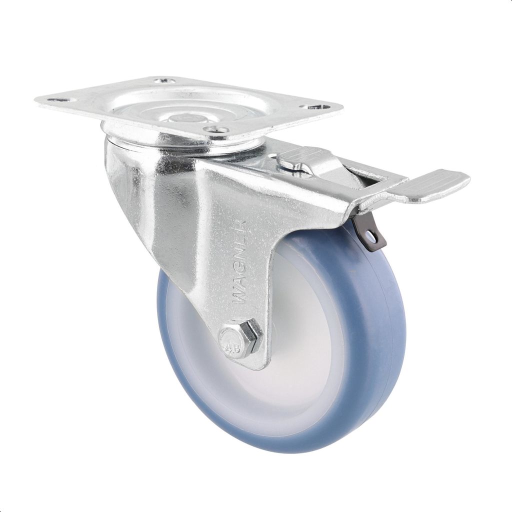 WAGNER Soft-Lenkrolle - Ø 125 mm, Stahl verzinkt, blau / weiß, Bremse, Anschraubplatte, Tragkraft 100 kg - 04762501