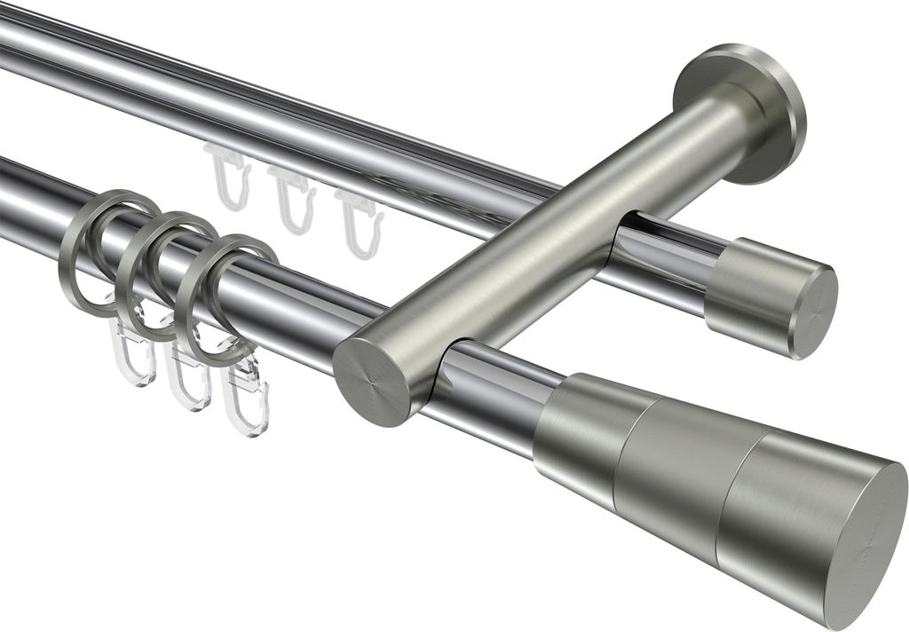 Interdeco Rundrohr-Innenlaufstange / Gardinenstange (Kombination) Chrom / Edelstahl-Optik, Typ Platon Tanara (Konus), 20 mm Ø 2-läufig, 480 cm