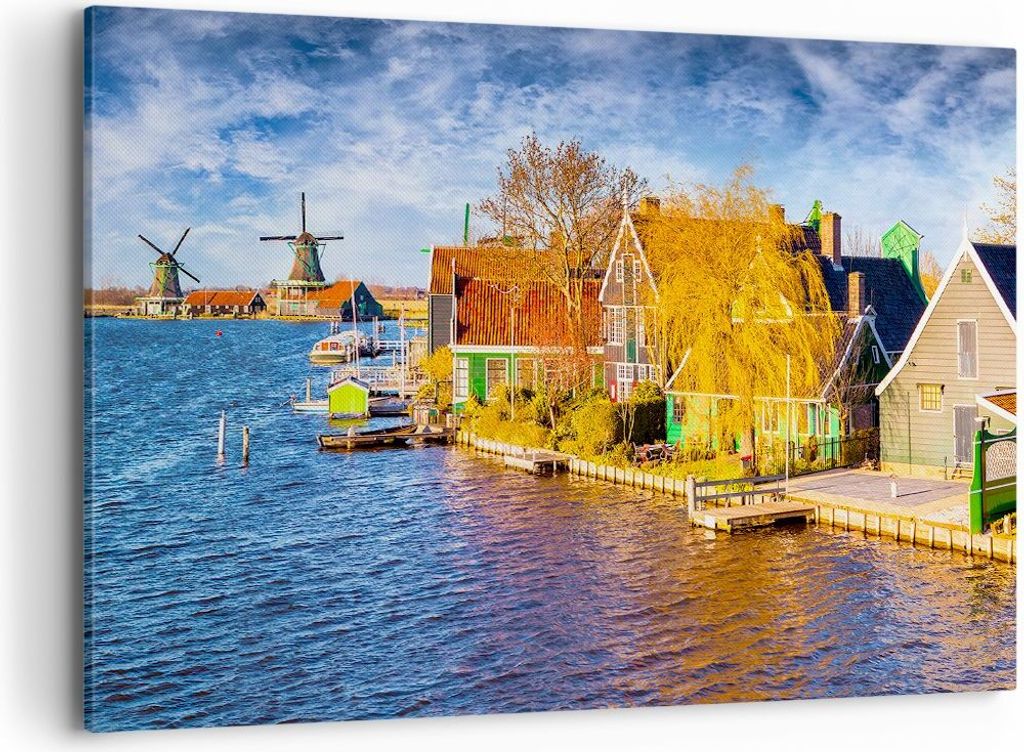 Bild auf Leinwand - Leinwandbild - Landschaft Windmühle Wasser Dorf - 100x70cm - Wand Bild - Wanddeko - Leinwanddruck - Bilder - Kunstdruck - Lein...