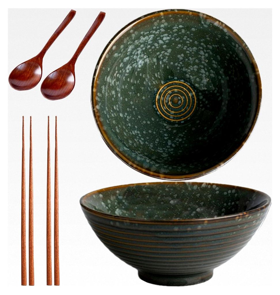 Nudelschale 2er Set - 1200ml Keramikschalen für Pasta, Snacks, Suppen, Salate, Müsli (Grün) mit Ramenlöffel und Essstäbchen