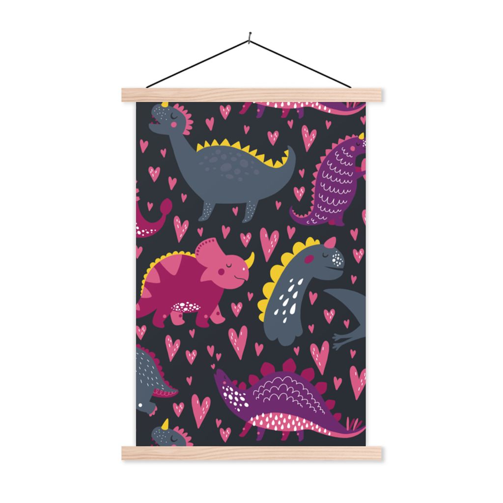 MuchoWow Textilposter Dinosaurier - Kind - Muster - Rosa - Mädchen 60x90 cm mit holzfarbenen Rahmen - Textil