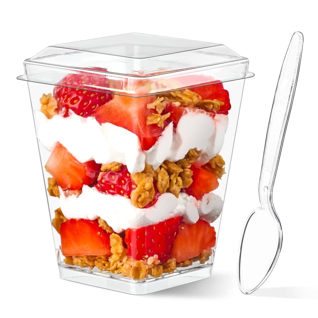 Dessertbecher aus Kunststoff mit Deckel und Löffeln, 150 ml, 50 Stück, Mini-Parfaitbecher