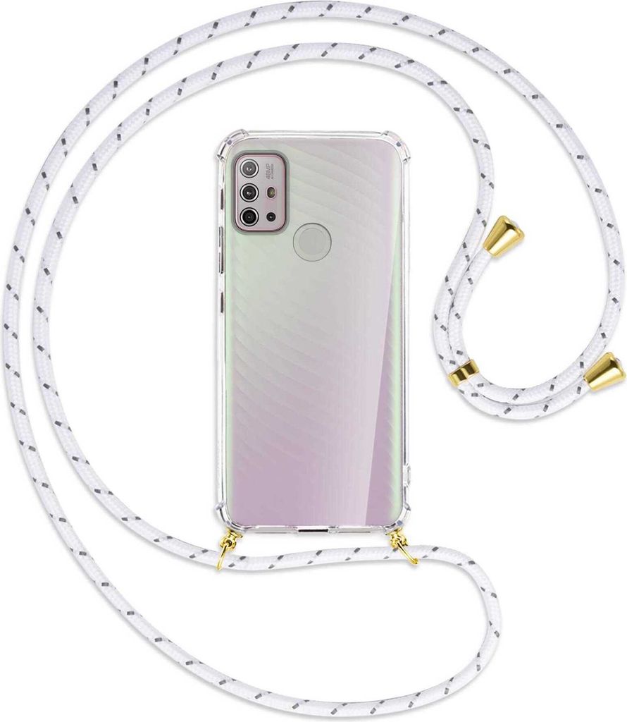 Handykette Backcover-Schutzhülle mit Band (Metall goldfarben) für Motorola Moto G10 (Power), G20, G30 - weiß/grau