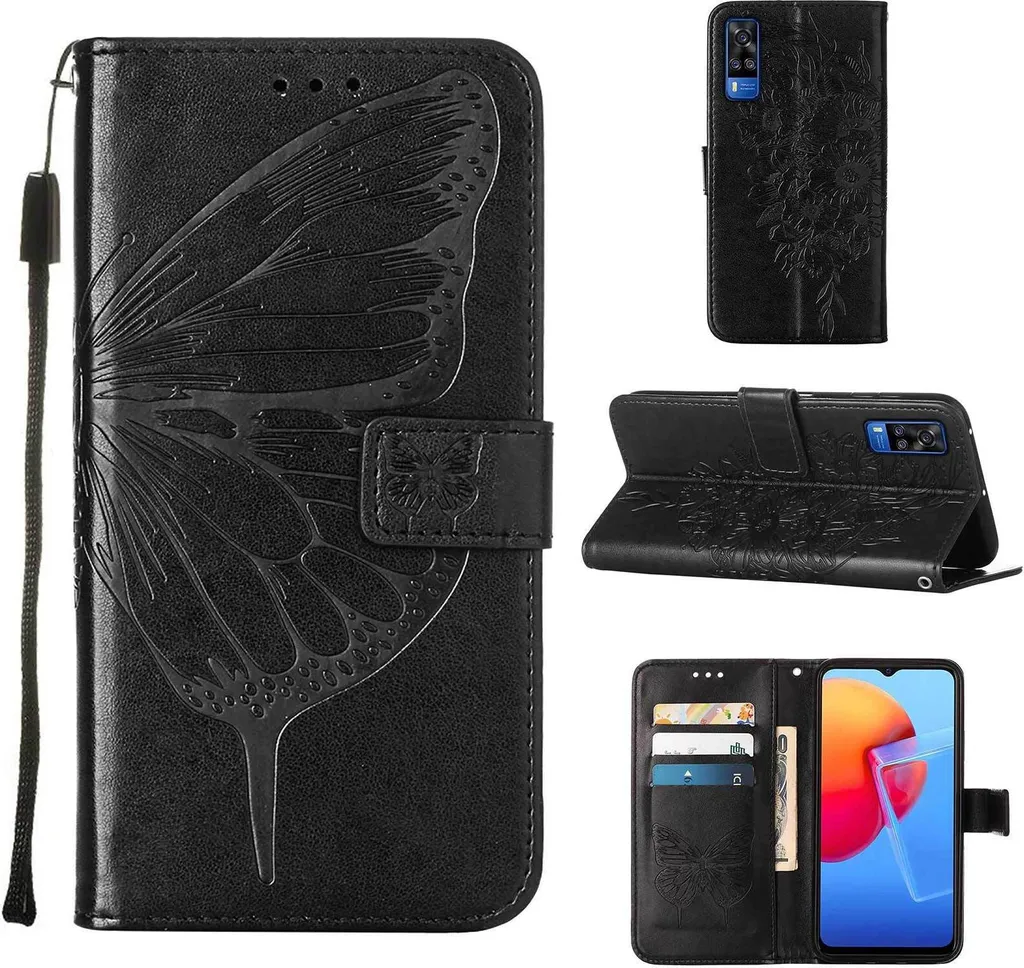 Custodia VIVO Y51 2020 Pelle Nera Farfalle | Flip Cover Shockproof