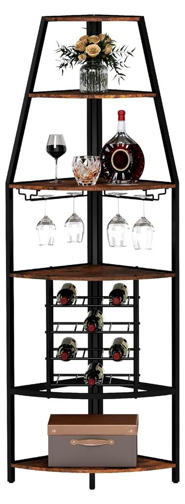 5-stöckiges Eck-Weinregal, stehend Barschrank mit Glashalter and Weinaufbewahrung, industrielles Wine Rack für Bar and Küche, Holz und Metall