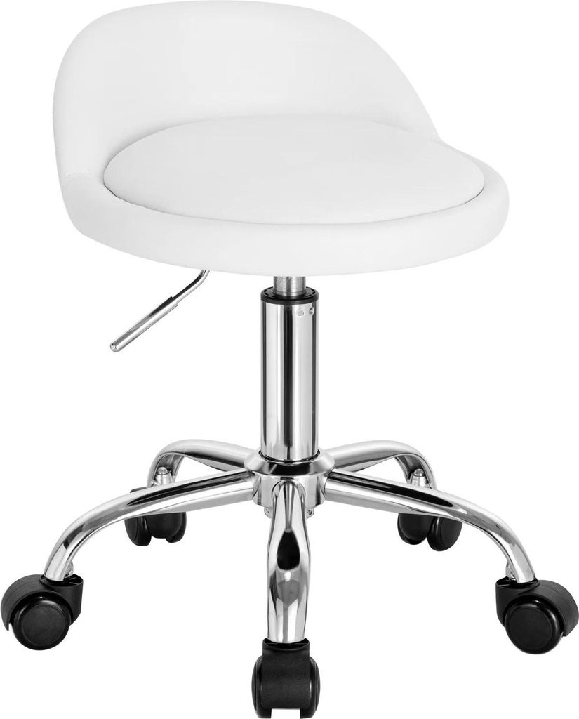 Bürohocker - Drehhocker - Höhenverstellbar 53–65,5 cm - Niedrige Rückenlehne - Rollen - Sitz 30x30 cm - 120 kg - Weißes Leder