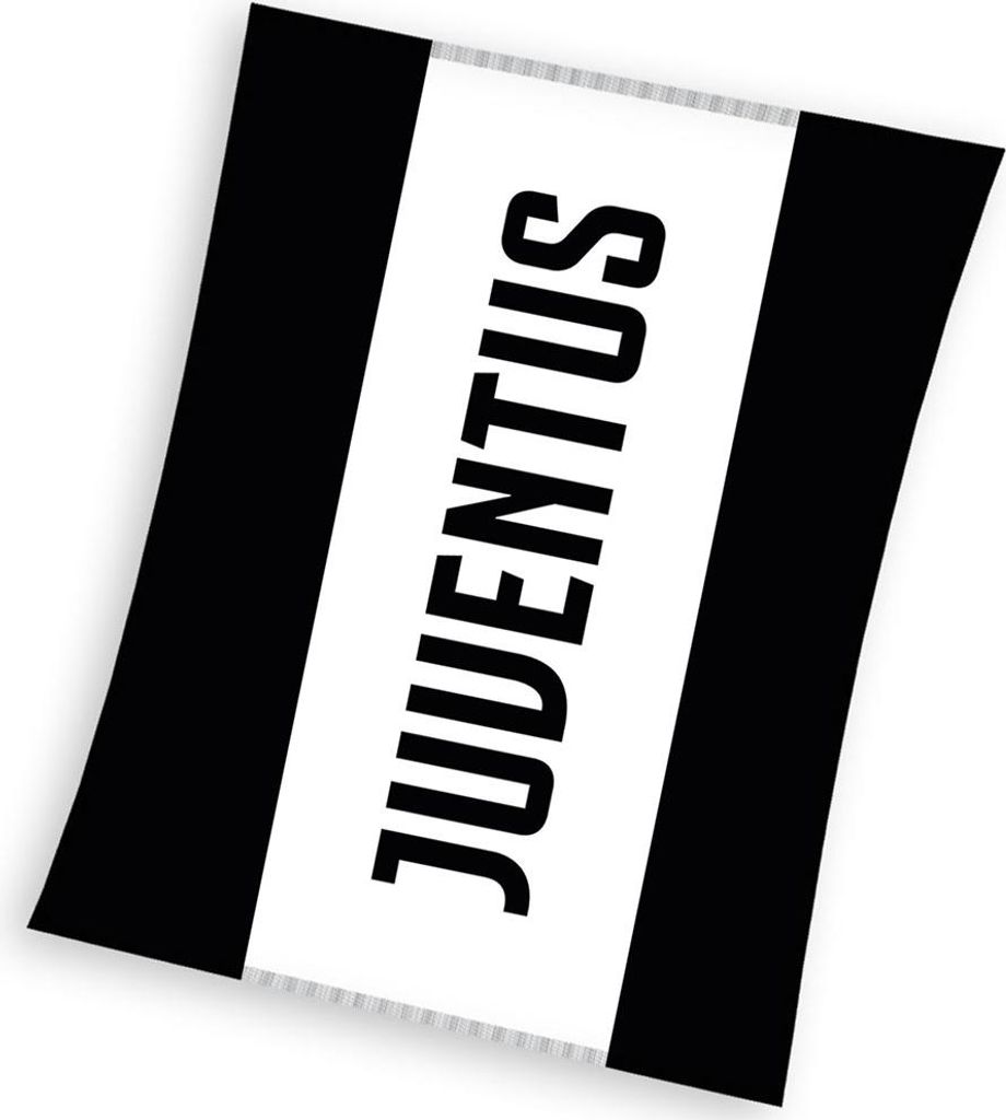 A black and white striped blanket with the word JUVENTUS printed vertically in the center.