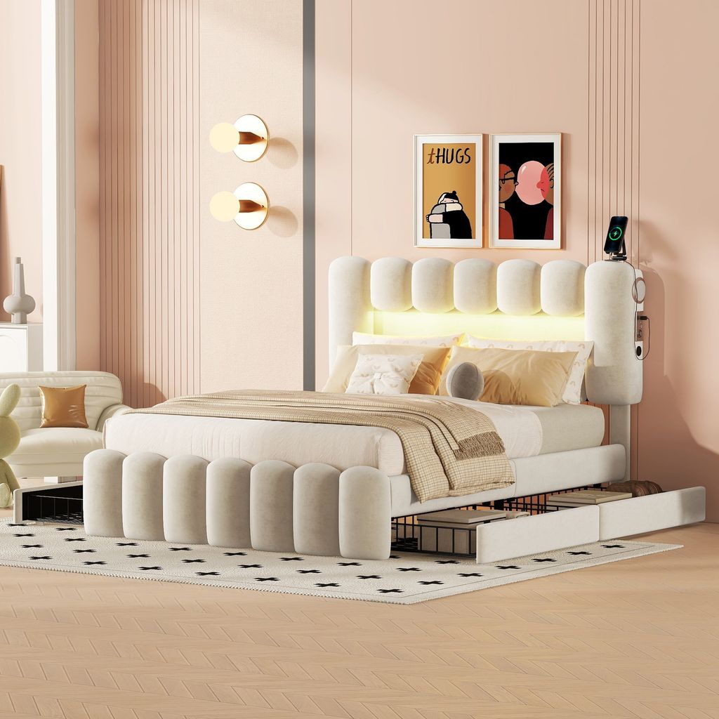 A bedroom scene with a bed, nightstand, and wall art.
