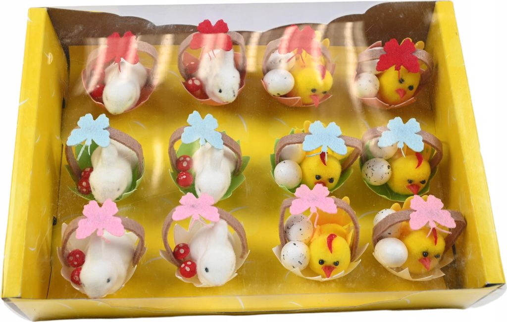 12er Set Osterdeko Figuren im Körbchen - Süße Hasen & Küken 6cm - Tischdeko für Ostern