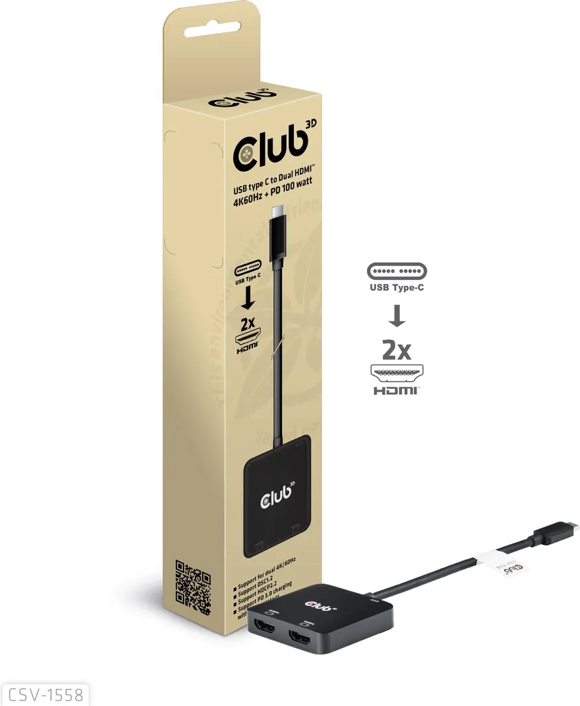 Club3D Hub USB-C vers Double HDMI 4K 60Hz avec Power Delivery 100W