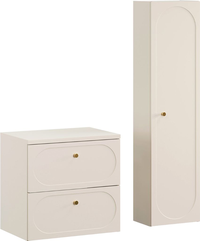 Badmöbel-Set 2-teilig mit Waschtischunterschrank 60 cm und Hochschrank in sandbeige mit goldenen Knopfgriffen - DESENZANO-56