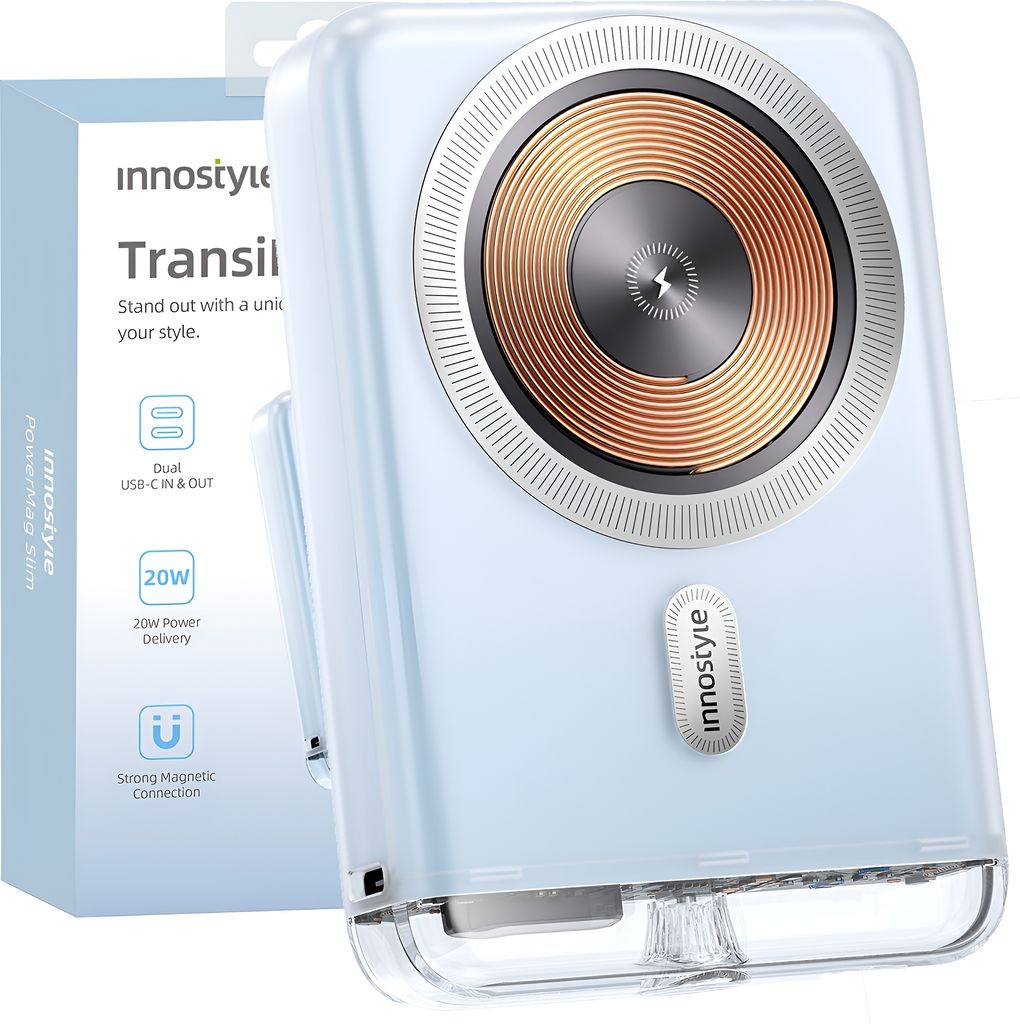A product shot of a light blue portable charger with a magnetic charging coil, shown next to its packaging.