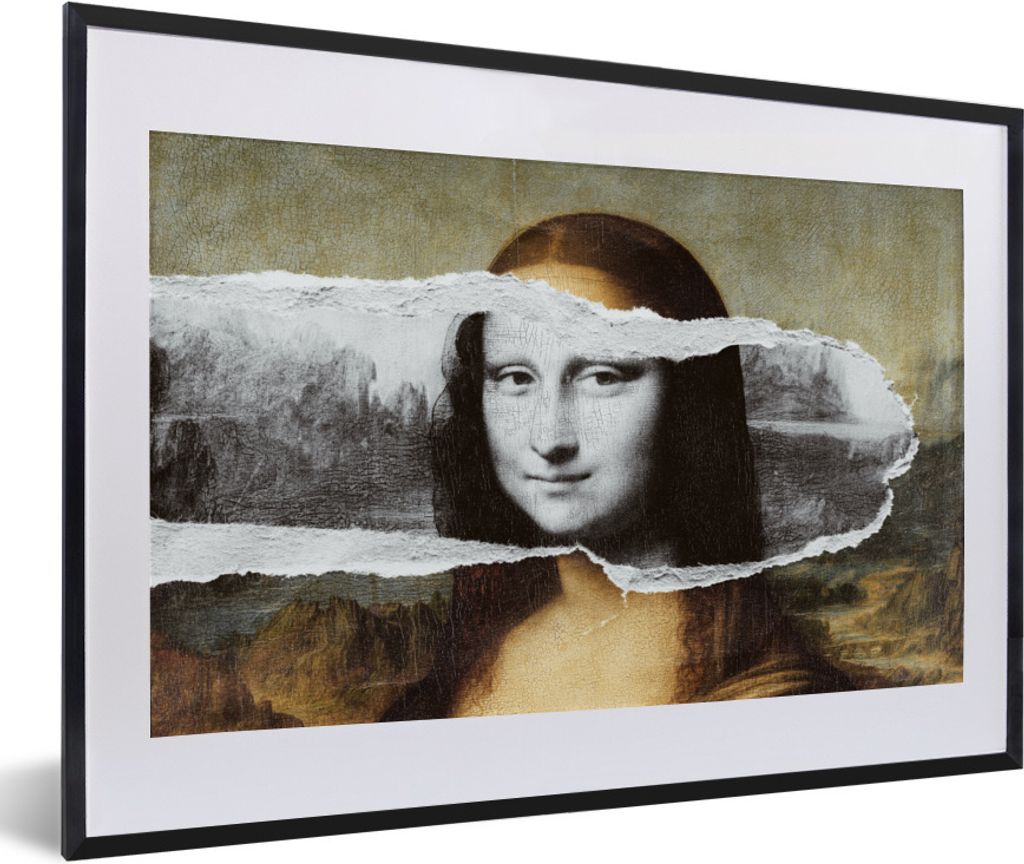 MuchoWow Gerahmtes Poster Mona Lisa - Schwarz und weiß - Da Vinci 60x40 cm - Poster mit Schwarzem Bilderrahmen Wandposter Rahmen Foto Bilder - S...