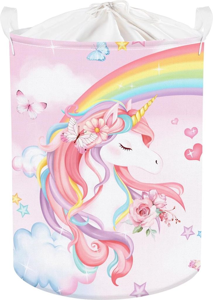 Große 45L Regenbogen Einhorn Kinder Wäschekorb mit Griff für Mädchen Faltbare Rosa Blumen Kleidung Spielzeug Aufbewahrungskorb mit Deckel für ...