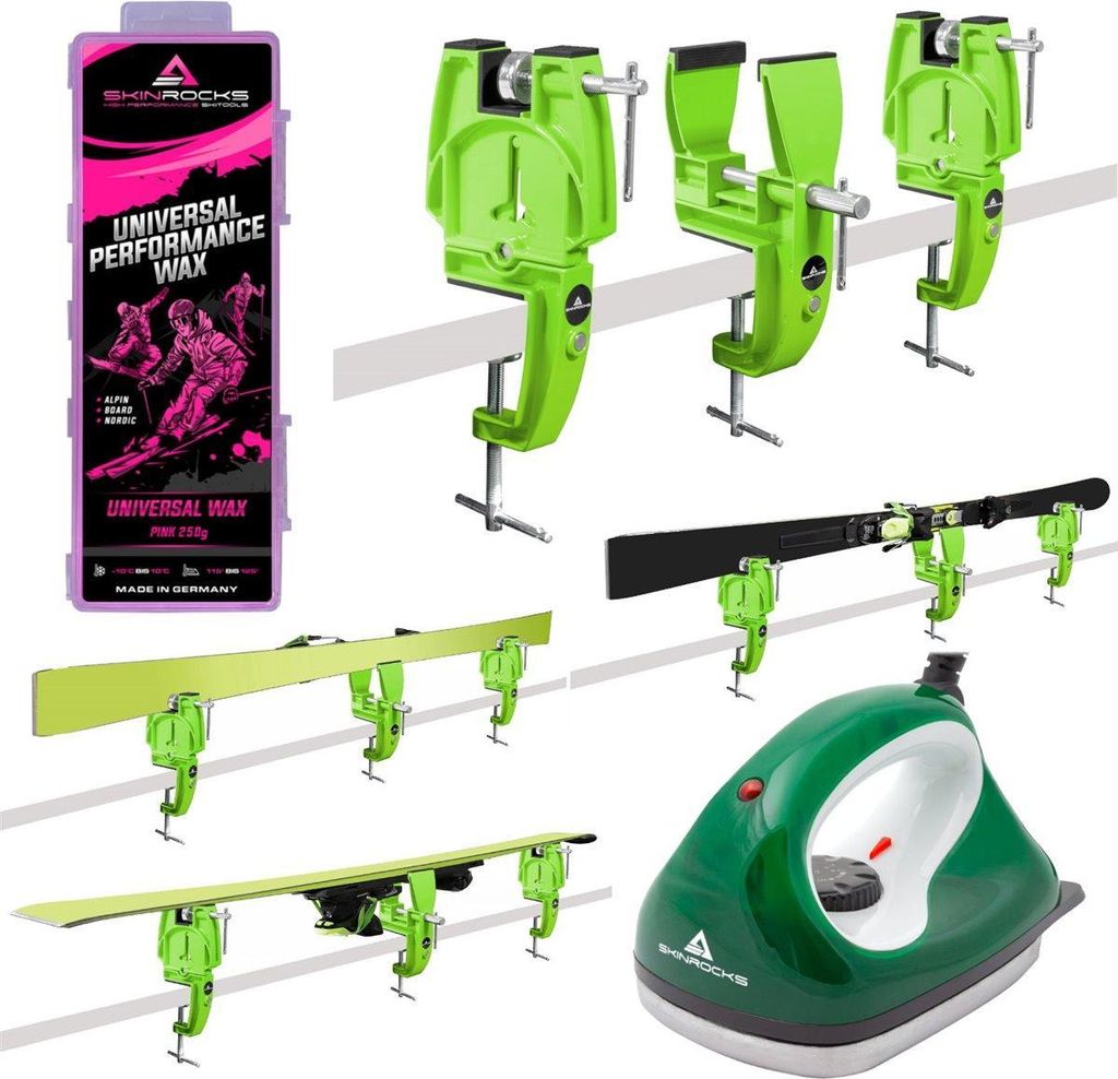 SkinRocks Skiwachs Set 3-teilig Bügeleisen Universal Wax Skispanner Ski Vice
