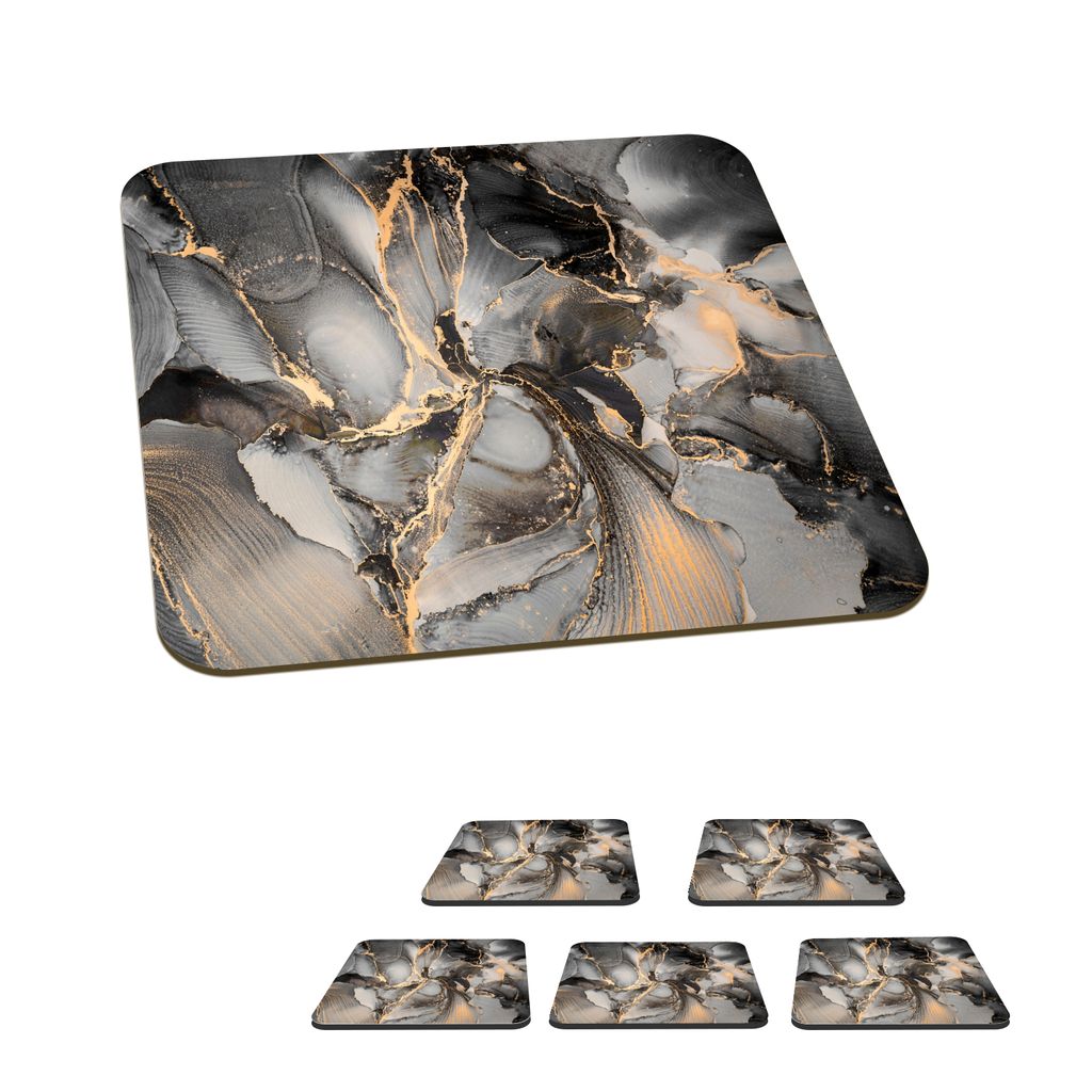KitchenYeah Glasuntersetzer Quadratisch 6er Set Grau - Luxus - Gold - Marmor 10x10 cm Untersetzer für Gläser - Getränkeuntersetzer - Tischplat...