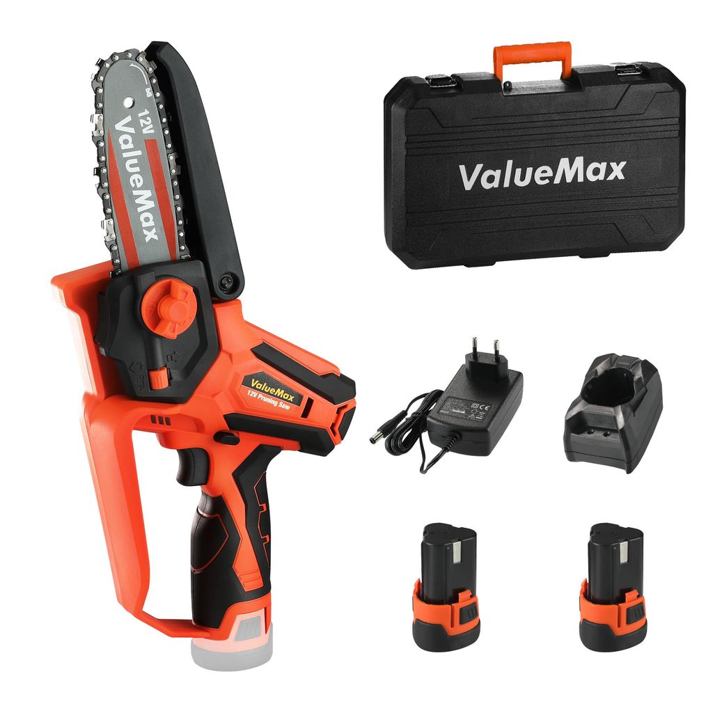 ValueMax Mini Akku Kettensäge 12V, 11CM/4 Zoll kleine Kettensäge mit 2 x 2,0 Ah Akku und Ladegerät inkl. Sicherheitsschloss Einhand Kettensäge ...