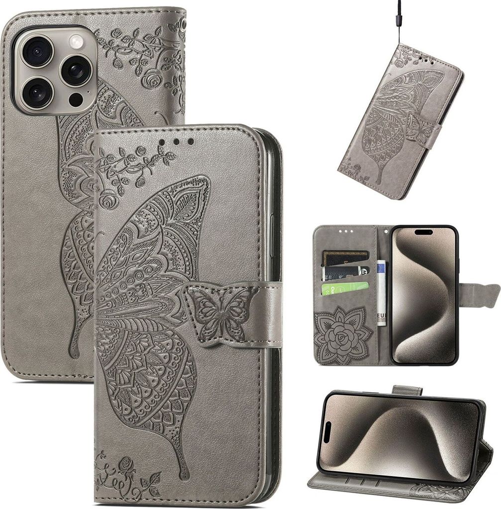 Für Apple iPhone 16 Pro Max Kunstleder Wallet Handy Tasche Schmetterling Design Hülle Etuis Grau