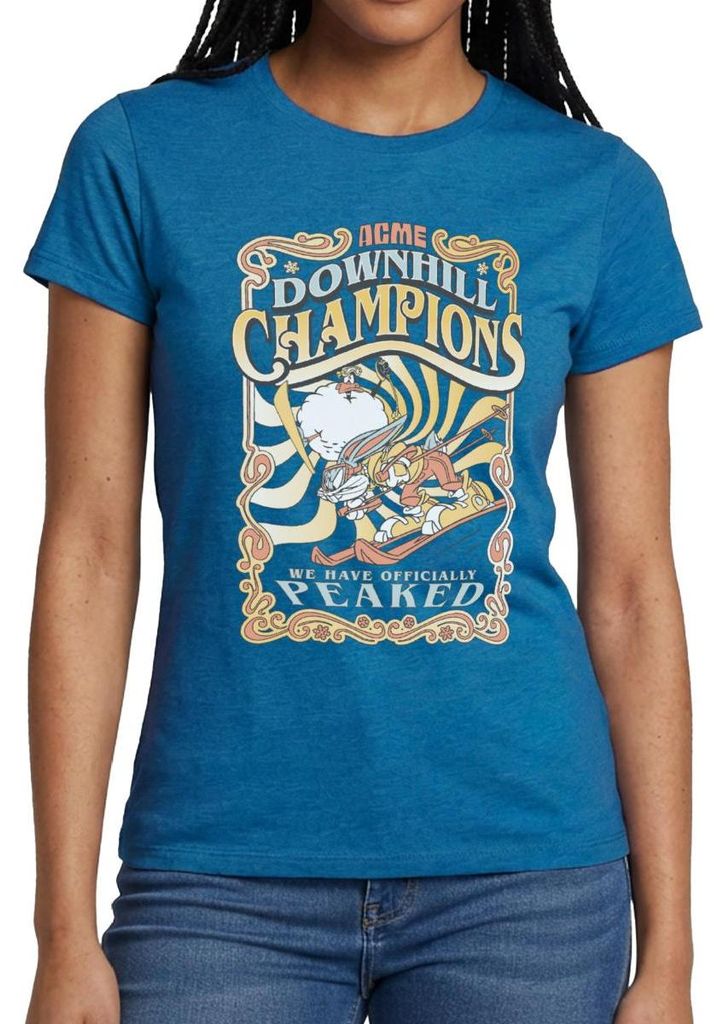 Spreadshirt Looney Tunes Bugs Bunny Downhill Champions Ski Frauen T-Shirt, M, Antikblaues Saphir meliert