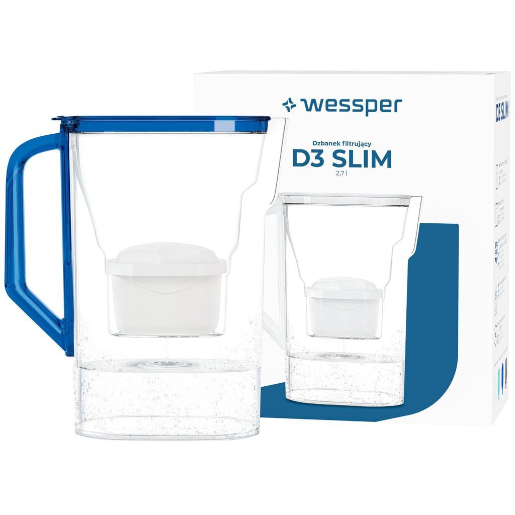 Wessper D3 SLIM Wasserfilterkanne 2,7 L Blau mit 1x aquamax Produktbild 
