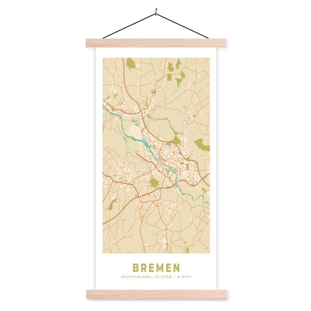 MuchoWow Textilposter Bremen - Karte - Vintage - Stadtplan - Grundriss 40x80 cm mit holzfarbenen Rahmen - Wohnzimmer