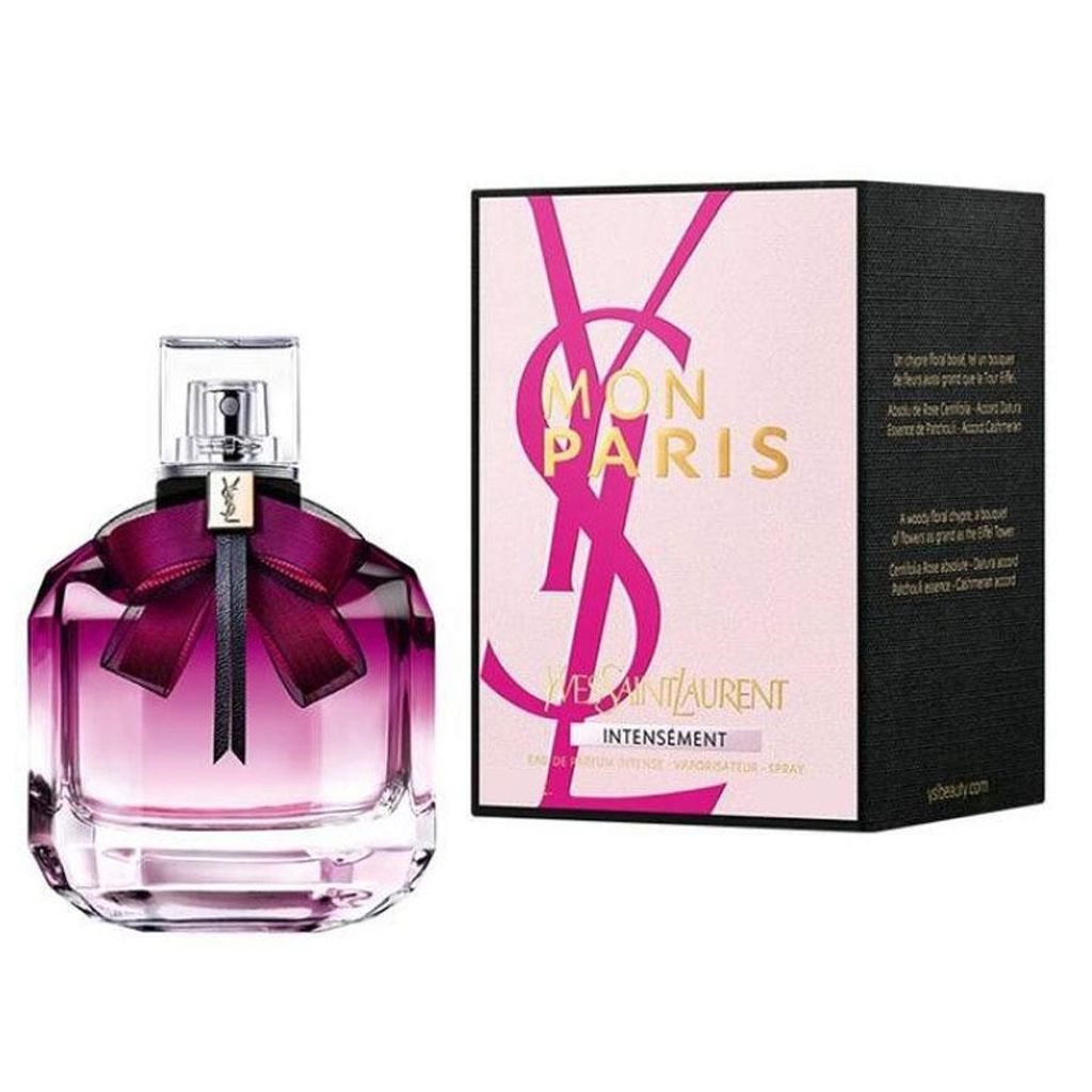 A perfume bottle and its packaging are displayed against a white background.
