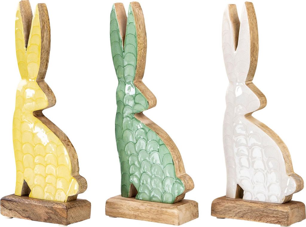 3er Set Hase Mangoholz H28cm Grün Gelb Weiß Deko Aufsteller Ostern Tischdeko