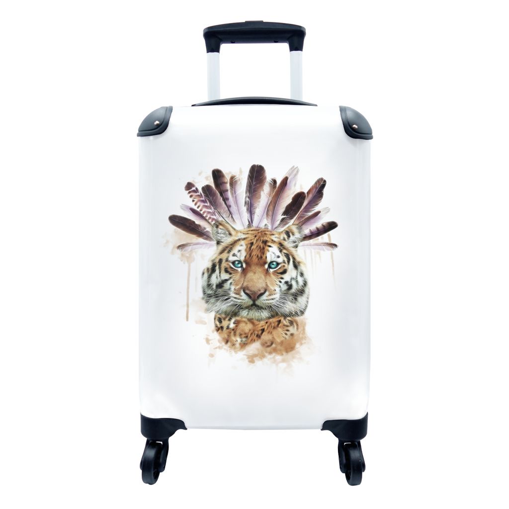 MuchoWow Koffer Handgepäck Trolley Rollkoffer Kleine Reisekoffer mit 4 Rollen - Tiger - Federn - Weiß - Cabin Size < 55x40x23 cm & 55x40x20 cm ...