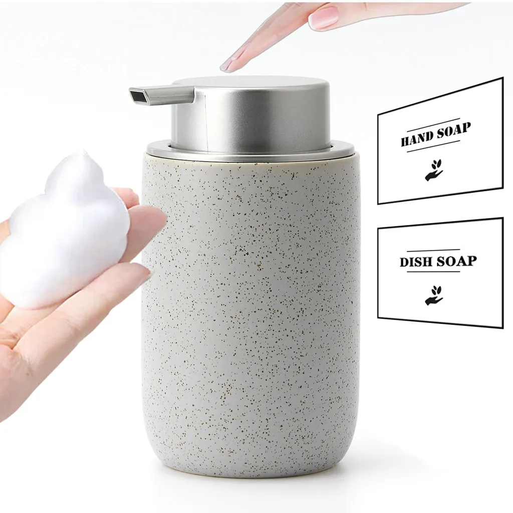 Distributeur savon en céramique grise et pompe argentée robuste de 326 ml