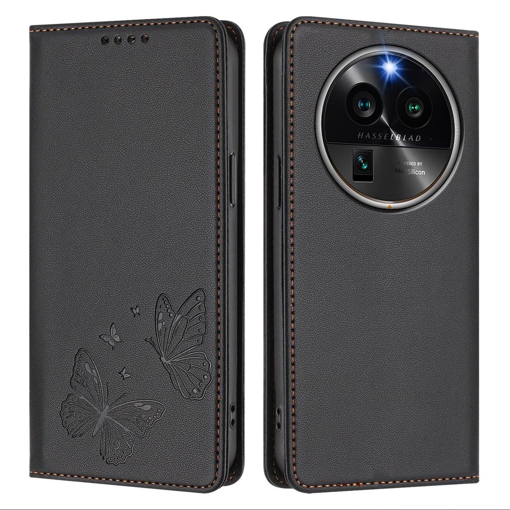 Lederhülle für Oppo Find X6 Pro, Schmetterling Prägung Leder Brieftasche Schutzhülle mit Ständer Schwarz