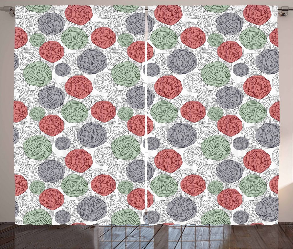 ABAKUHAUS Retro Rustikaler Gardine, Strickbälle Vintage, Schlafzimmer Kräuselband Vorhang mit Schlaufen und Haken, 280 x 225 cm, Reseda Grün Kor...