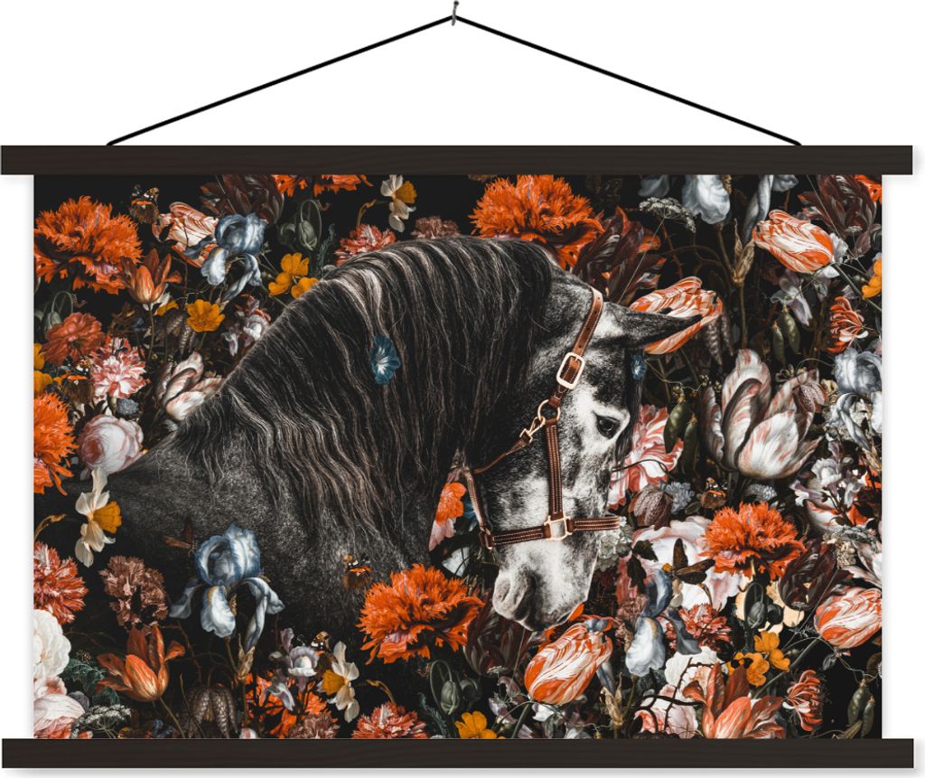 MuchoWow Textilposter Pferd - Blumen - Halfter 120x80 cm mit schwarzem Rahmen - Wanddeko
