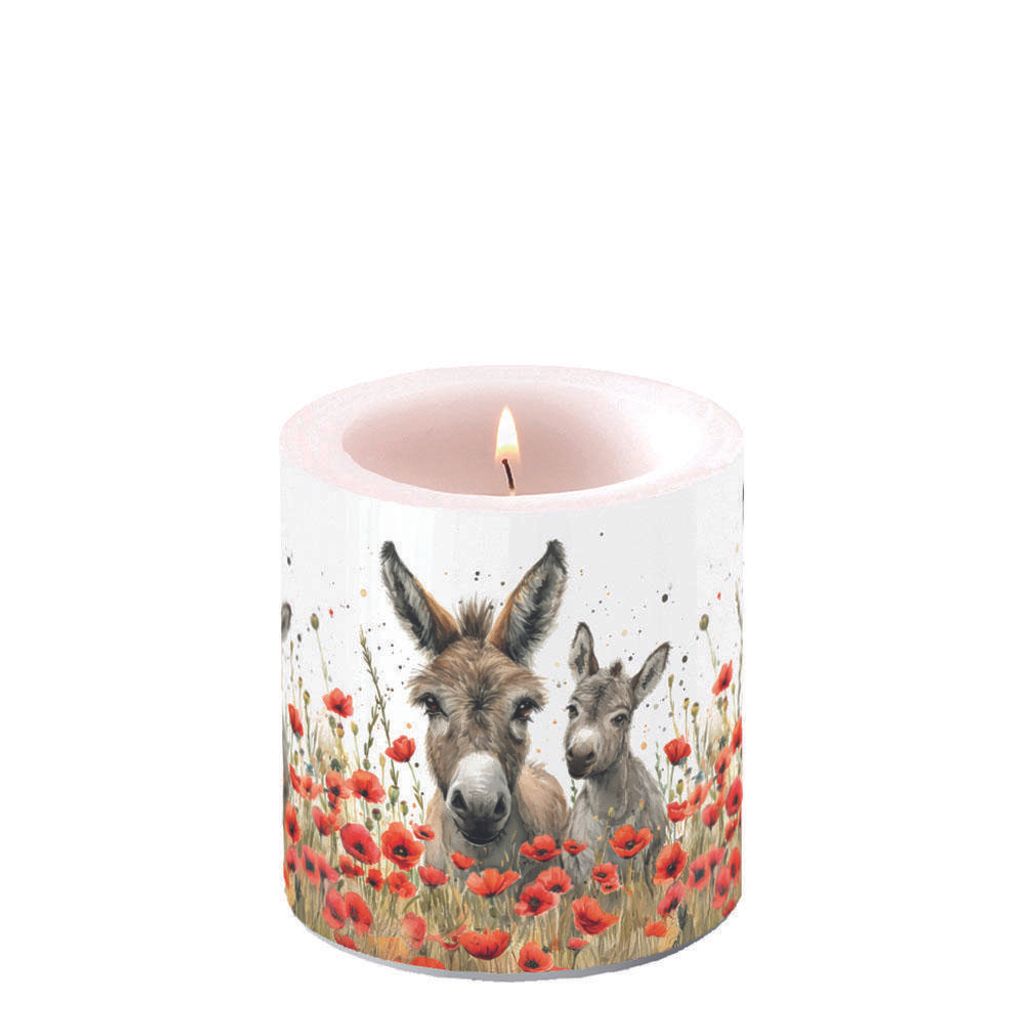Kerze Ø 7,5cm Höhe 9 cm Esel mit Mohn Lilly & Lou