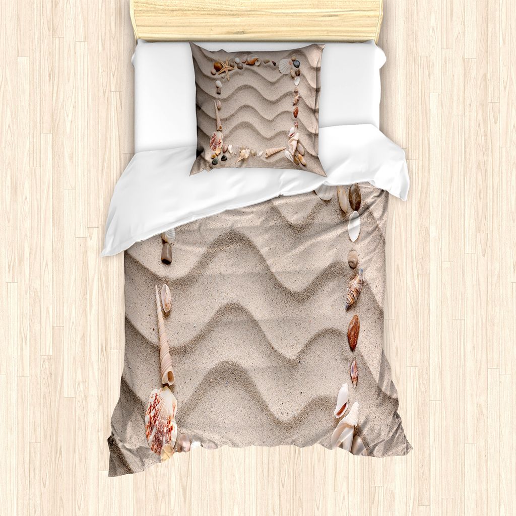 ABAKUHAUS Natürliche Farbe Bettbezug Set für Einzelbetten, Seashell-Quadrat-Rahmen, Milbensicher Allergiker geeignet mit Kissenbezug, 135 cm x 20...