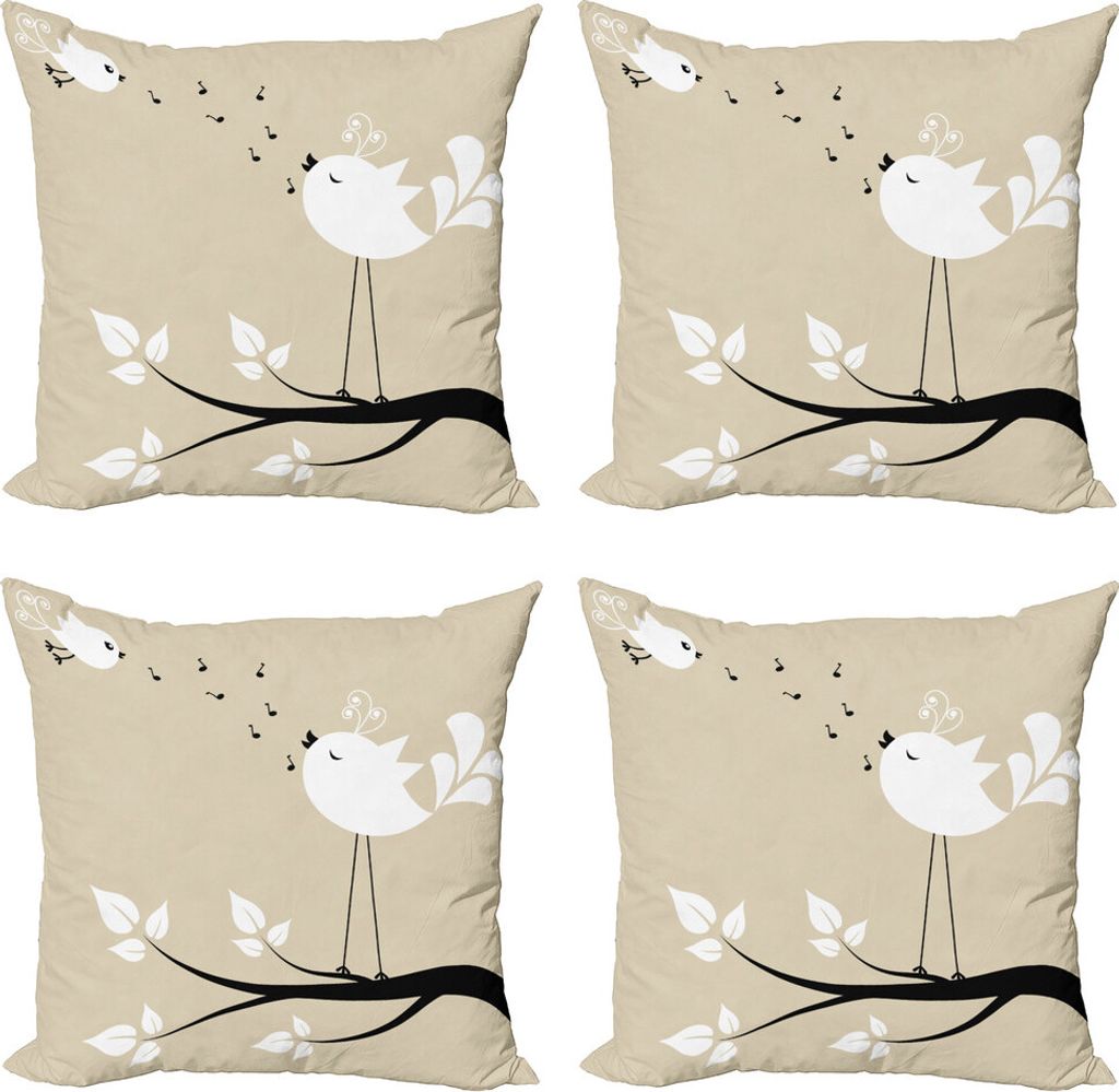 ABAKUHAUS Vögel Kissenbezug Set (4 Stück), 2 Vögel auf einem Ast, Moderner Doppelseitiger Digitaldruck, 60 cm x 60 cm, Creme Schwarz Weiß