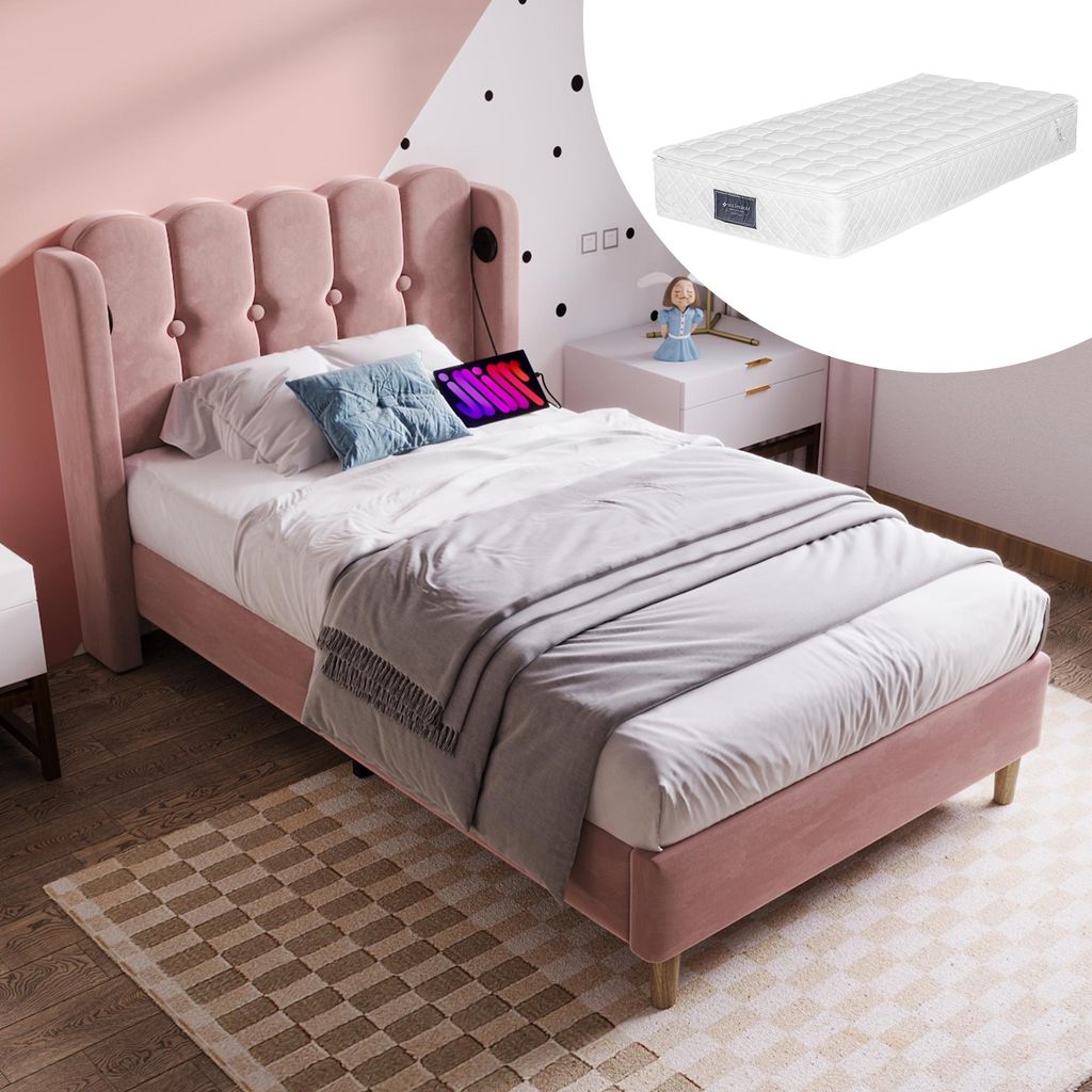 Polsterbett Einzelbett mit USB Typ C Ladefunktion, Bettgestell mit Lattenrost , Gepolstertes bett in Rosa,90 x 200 cm Bettrahmen Jugendbett für S...