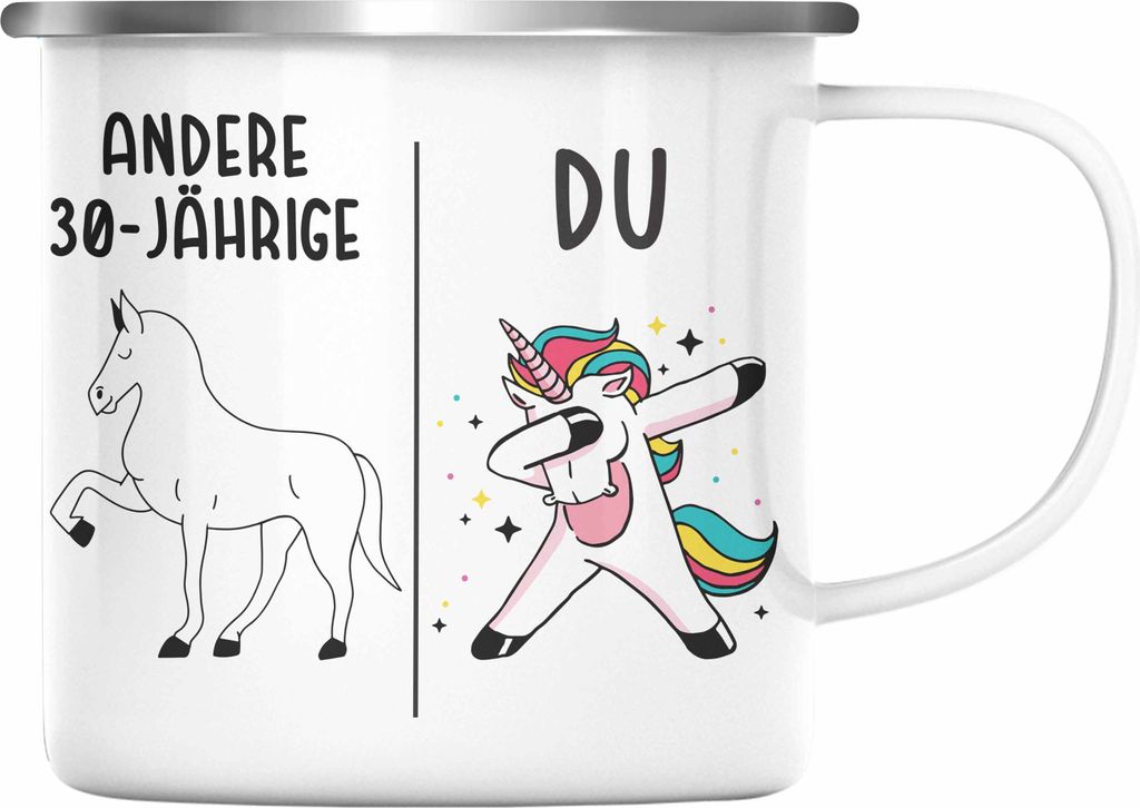 Trendation - 30. Geburtstag Frauen Emaille Tasse Einhorn Geschenk Geschenkidee 30er Geburtstag (Silber)