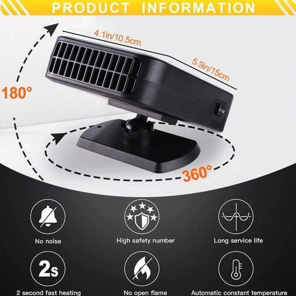 Chauffage voiture 12V 200W silencieux avec rotation 360° et mode air frais
