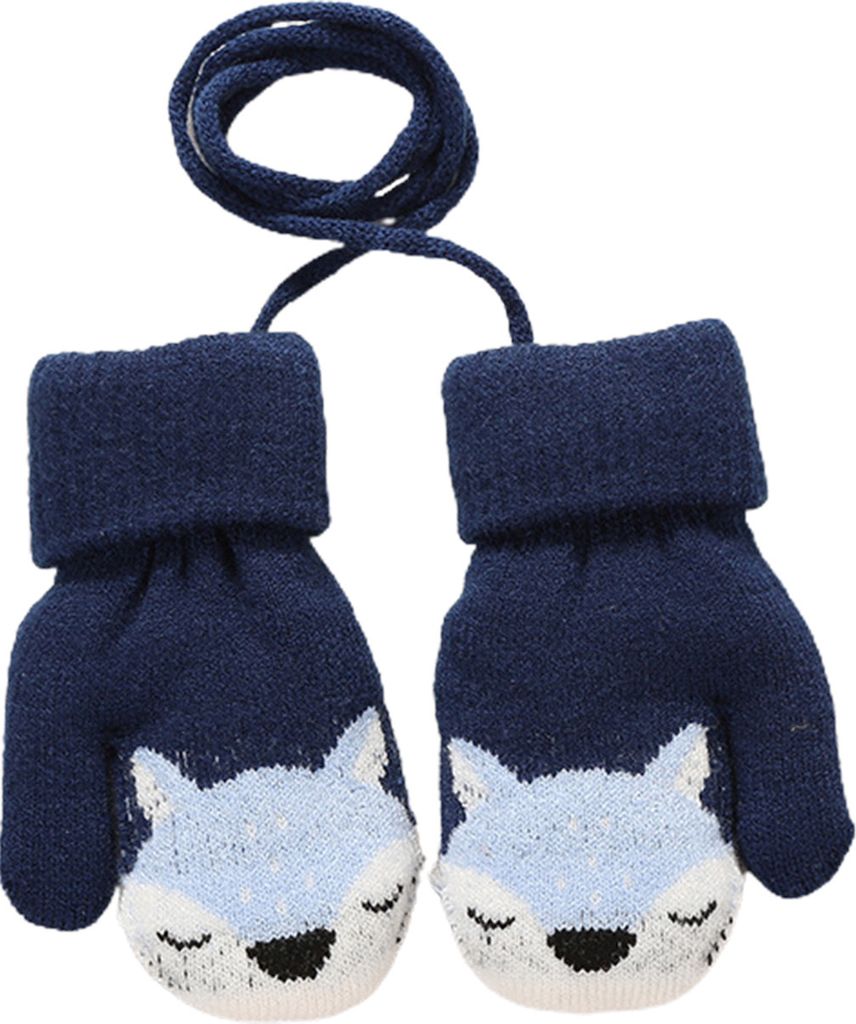 Babyhandschuhe Cartoon Fox Hängender Seil Herbst Winter Warm Plüsch Gestrickte Handschuhe für Outdoor - (Marineblau)