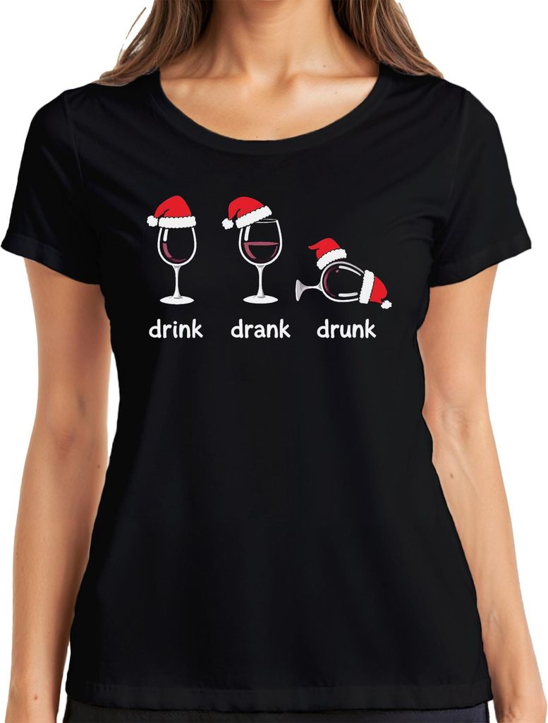 drink drank drunk Weinglas Lustig Weihnachten Geschenk Party Damen T-Shirt, Schwarz, S