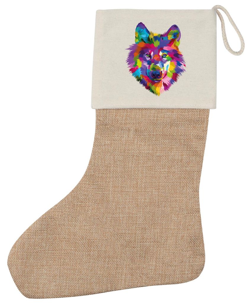 Huuraa Weihnachtsstrumpf Wolf Colorful Beige Jute Kaminstrumpf Geschenkidee