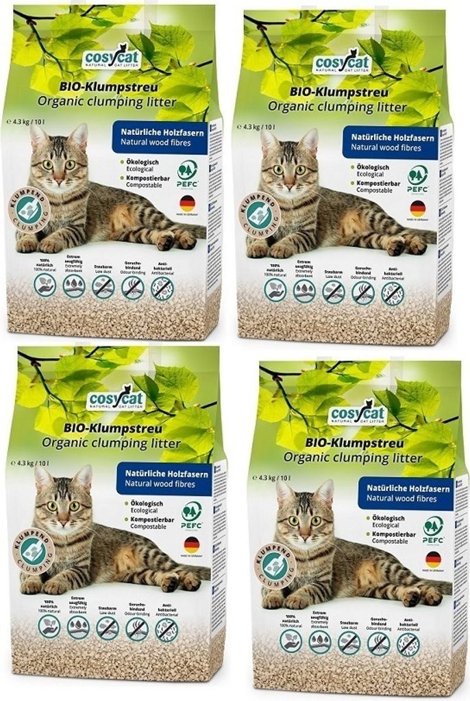 4x10 Liter CosyCat -Klumpstreu FEIN aus Holz 100% natürliches Katzenstreu 40L