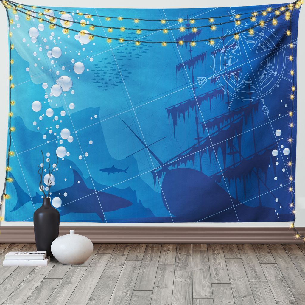 ABAKUHAUS Unterwasser- Wandteppich, Haie versenden Kompass, Wohnzimmer Schlafzimmer Heim Seidiges Satin Wandteppich, 200 x 150 cm, Weiß Blau