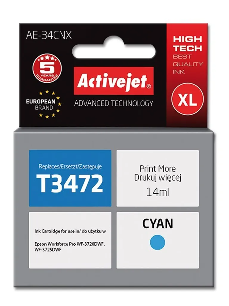 Cartouche Encre Cyan 14ml AE-34CNX Activejet Supreme remplace T3472 XL