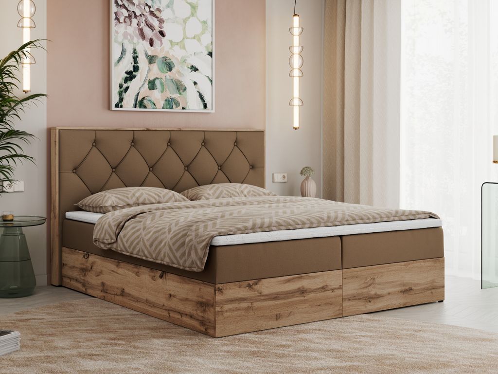MKS MEBLE Boxspringbett 140x200 mit Bettkasten Eiche, Polsterbett 140x200 mit Matratze H4, Bett 140x200 mit Kopfteil, Bett mit Holzrahmen in Wotan ...