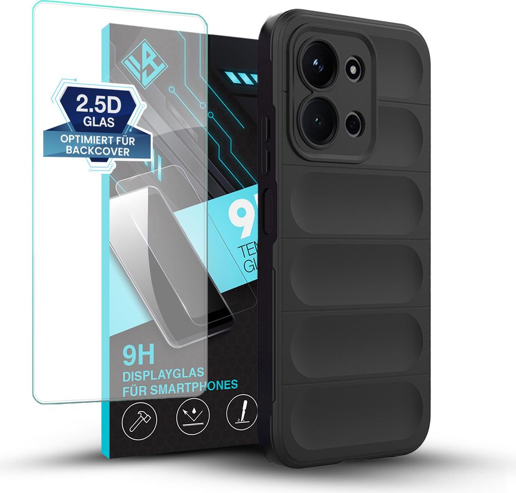 Handy Hülle für Xiaomi Redmi 15C mit 9H Displayglas Displayschutz Plus Grip Case Cover Schutzhülle Softgrip Farbe: Schwarz