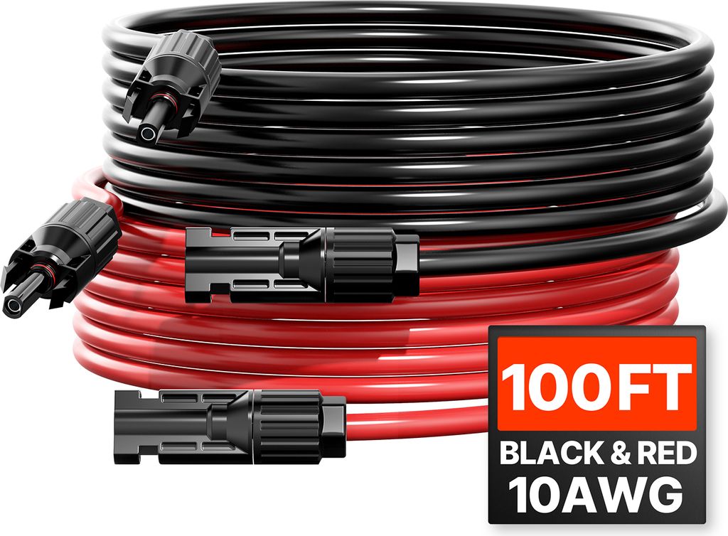 VEVOR 100 Fuß Solarpanel-Verlängerungskabel, 10 AWG, 6 mm² PV-Kabel für Solarpanele zu Hause, auf Wohnmobilen, 100 Fuß Schwarz+ Rot (2er-Set)